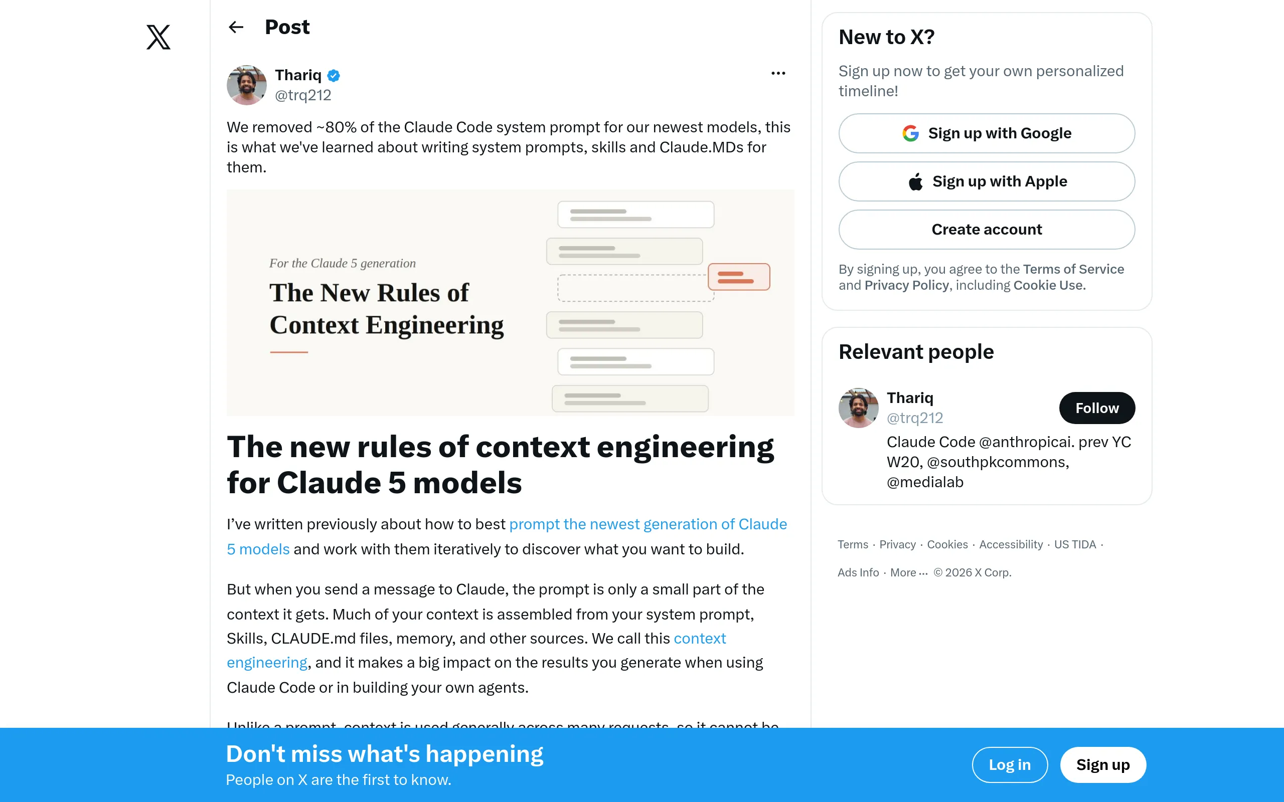 Thariq tweet on context engineering for Claude 5