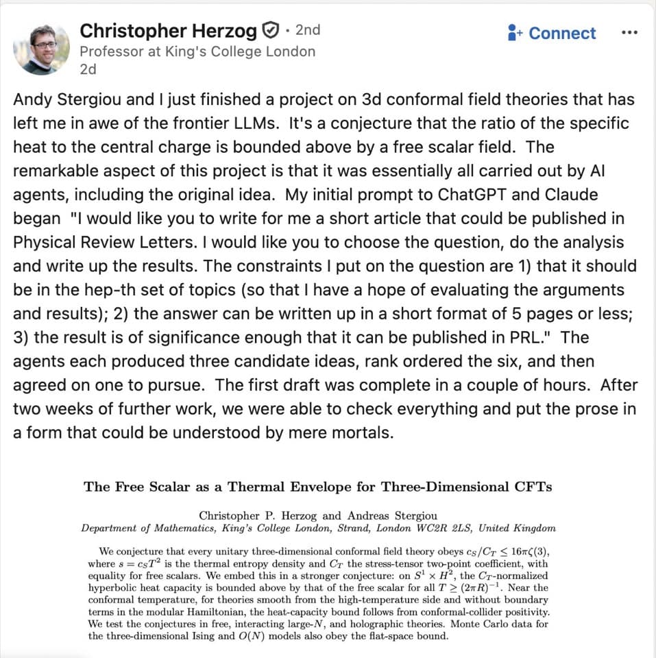 LinkedIn post by Christopher Herzog about the AI-driven conformal field theory paper