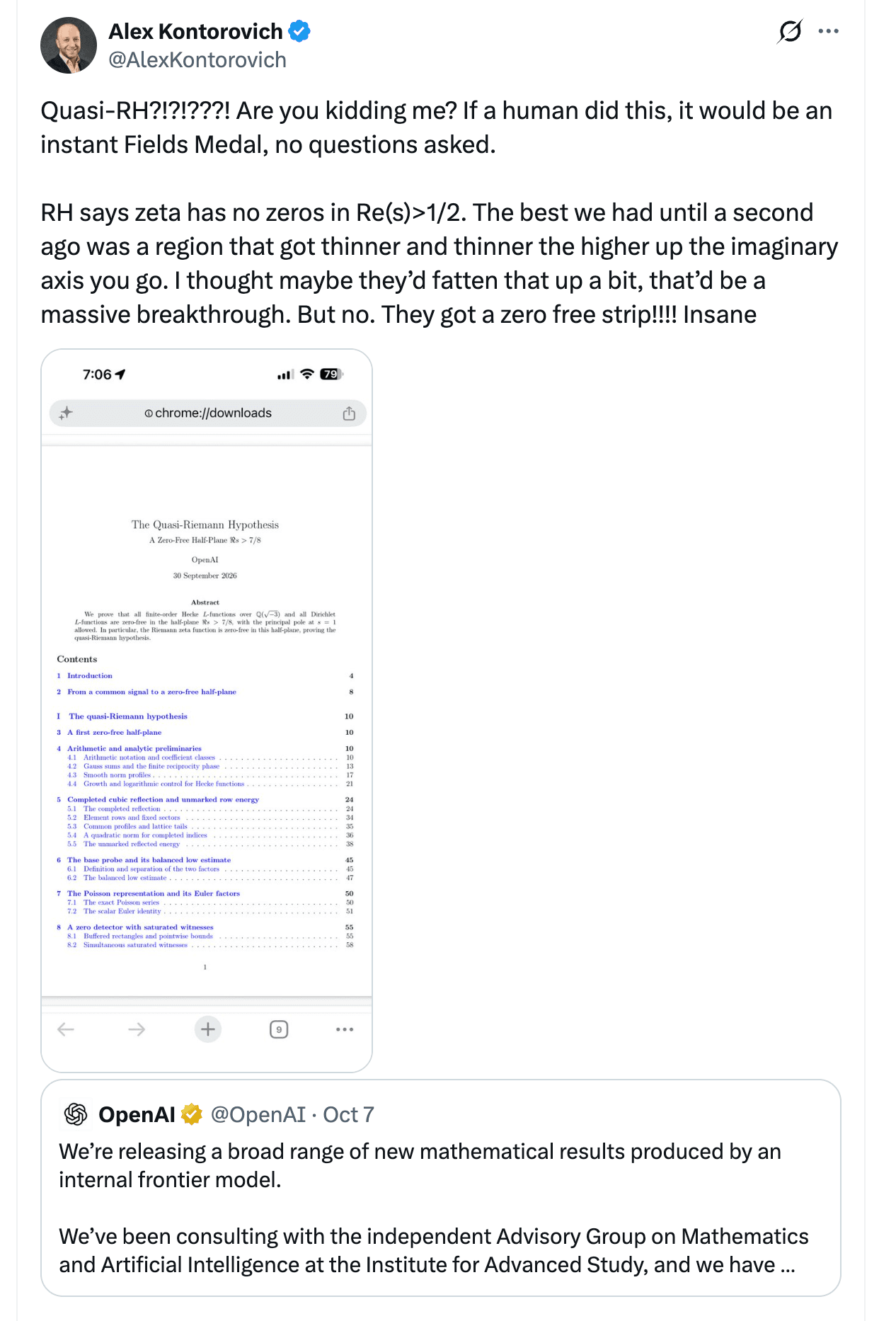 Alex Kontorovich's tweet on the quasi-Riemann hypothesis paper