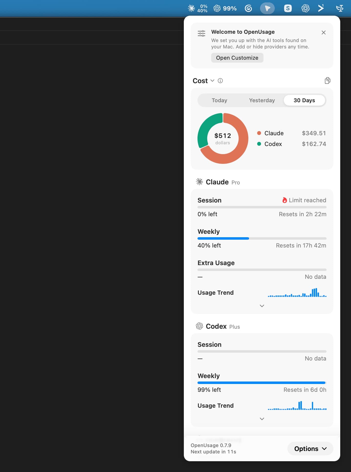 OpenUsage showing $512 of estimated API-equivalent usage over 30 days