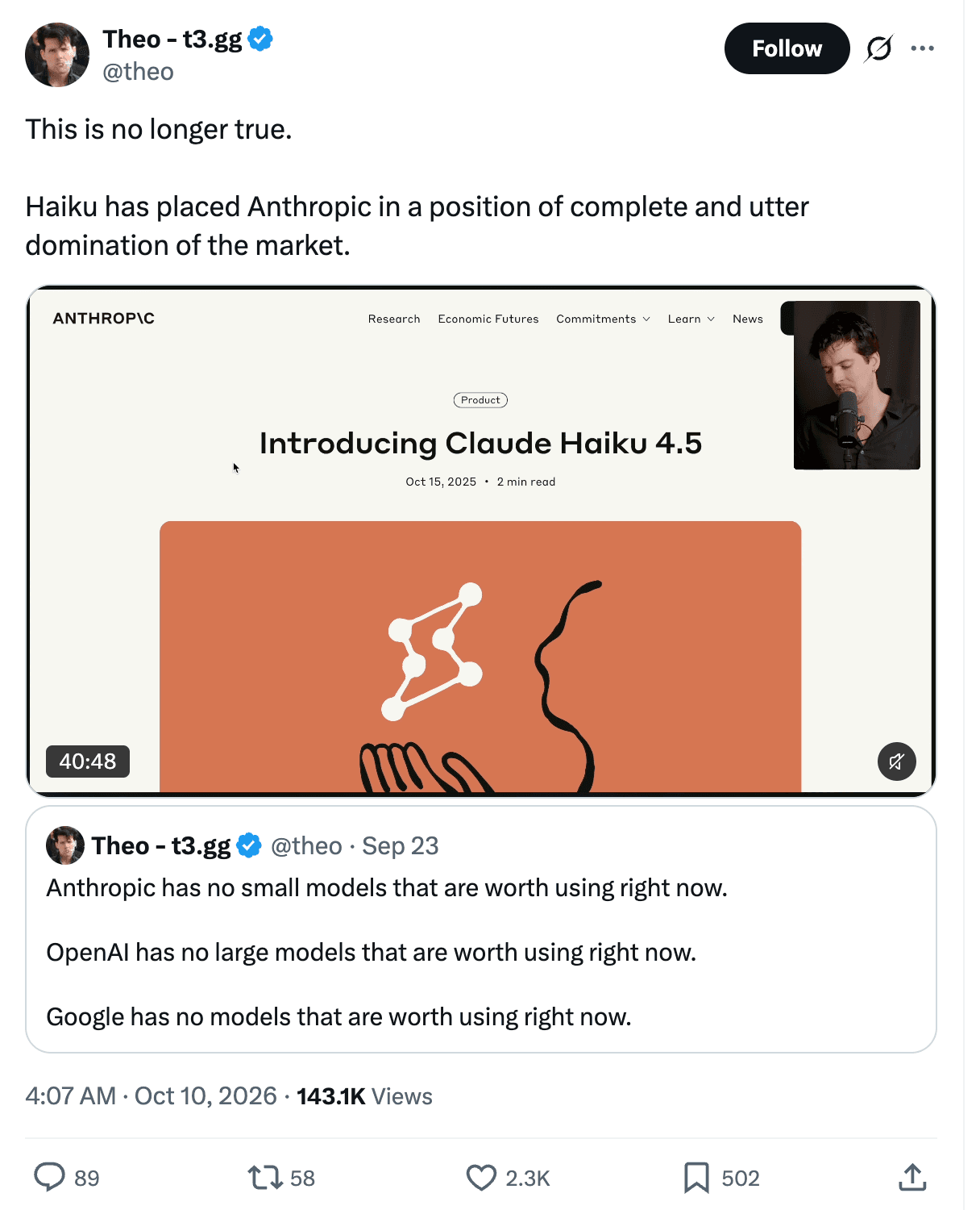 Theo's tweet on Haiku